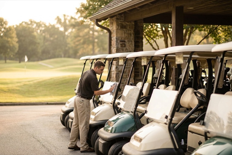 Golf carts staged at the cart barn