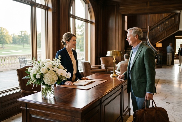 Concierge greeting a member at the front desk