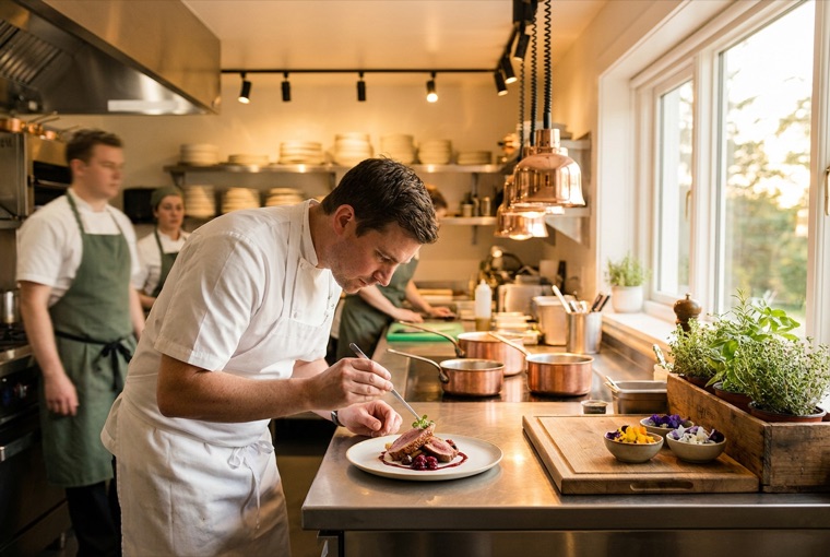 Chef plating in the club kitchen