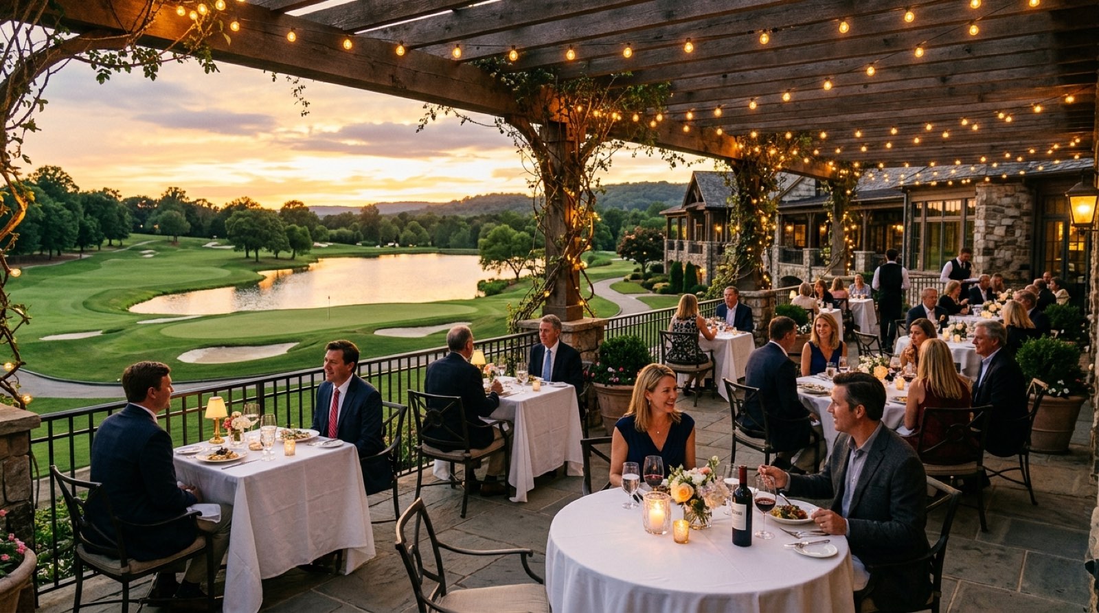 Country club terrace at dusk