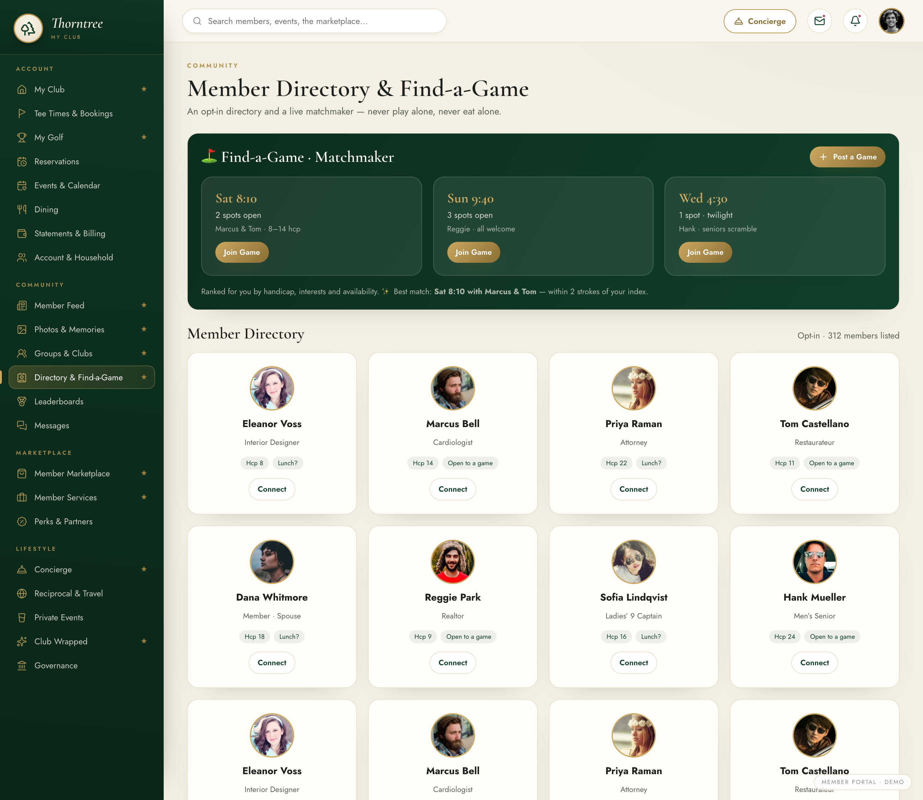 Member Directory and Find-a-Game — an opt-in directory and a live matchmaker so members never play, or dine, alone
