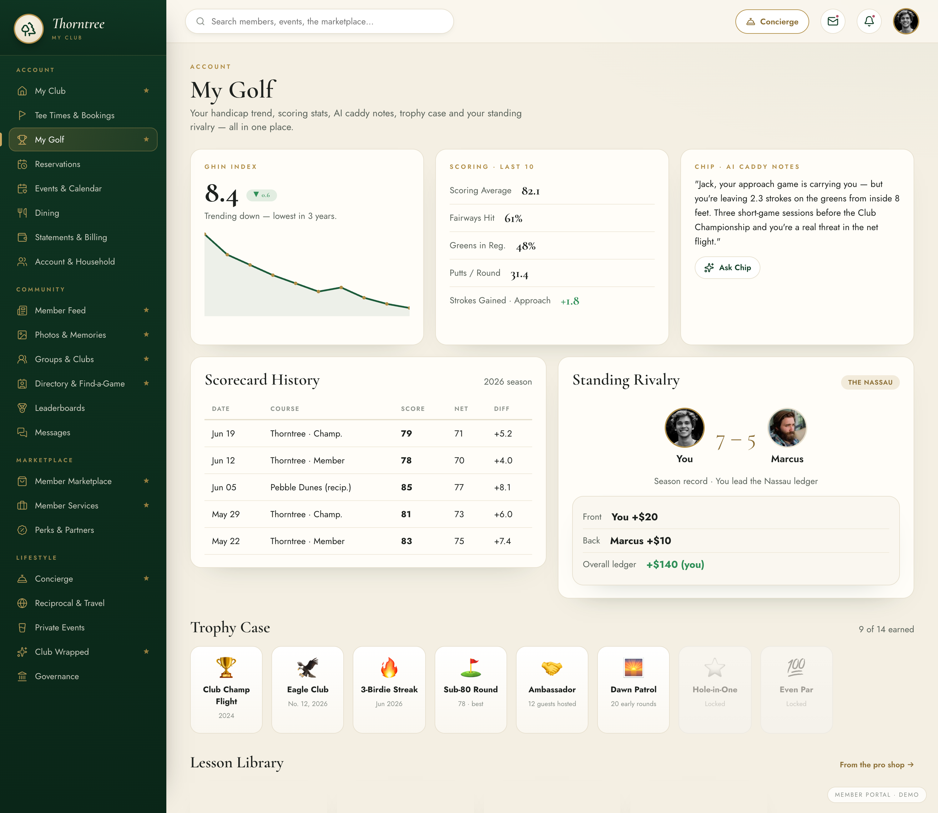 My Golf — handicap trend, scoring stats, AI caddy notes, the trophy case and standing rivalries in one place