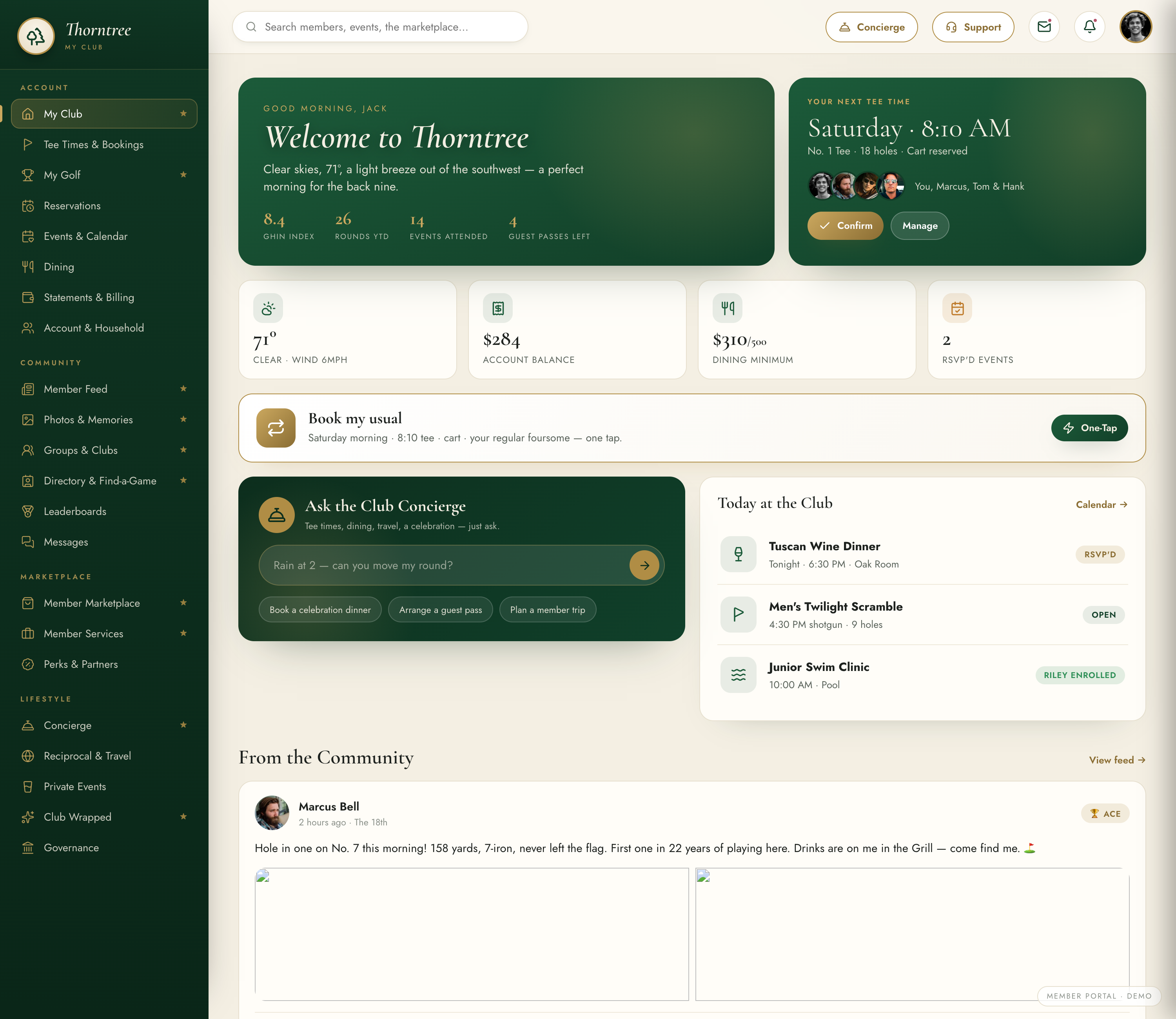 My Club — the member's private portal home: a personalized welcome, today at the club, the concierge, account balance, dining minimum, and the community feed