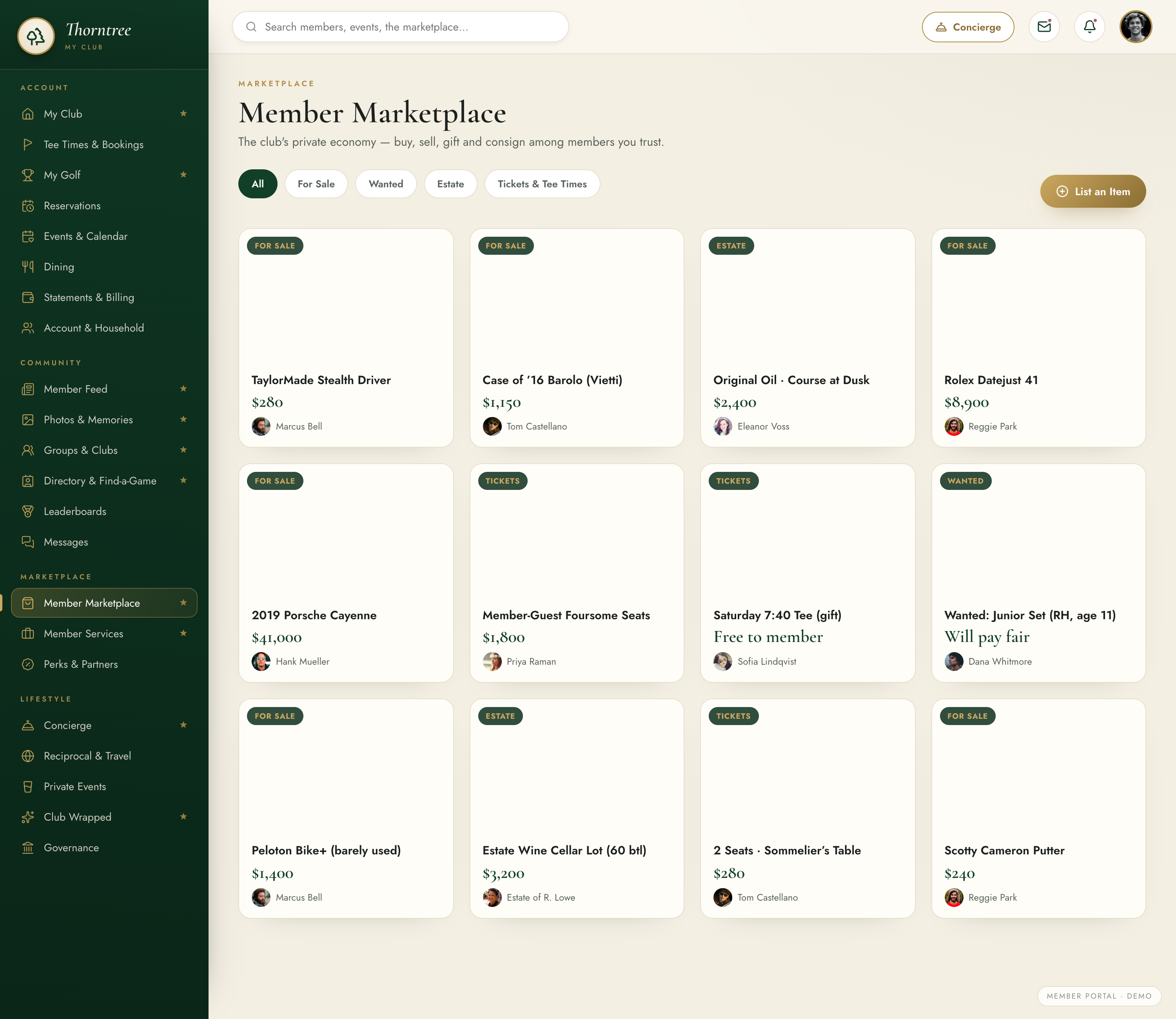 Member Marketplace — the club's private economy: buy, sell, gift and consign among members you trust