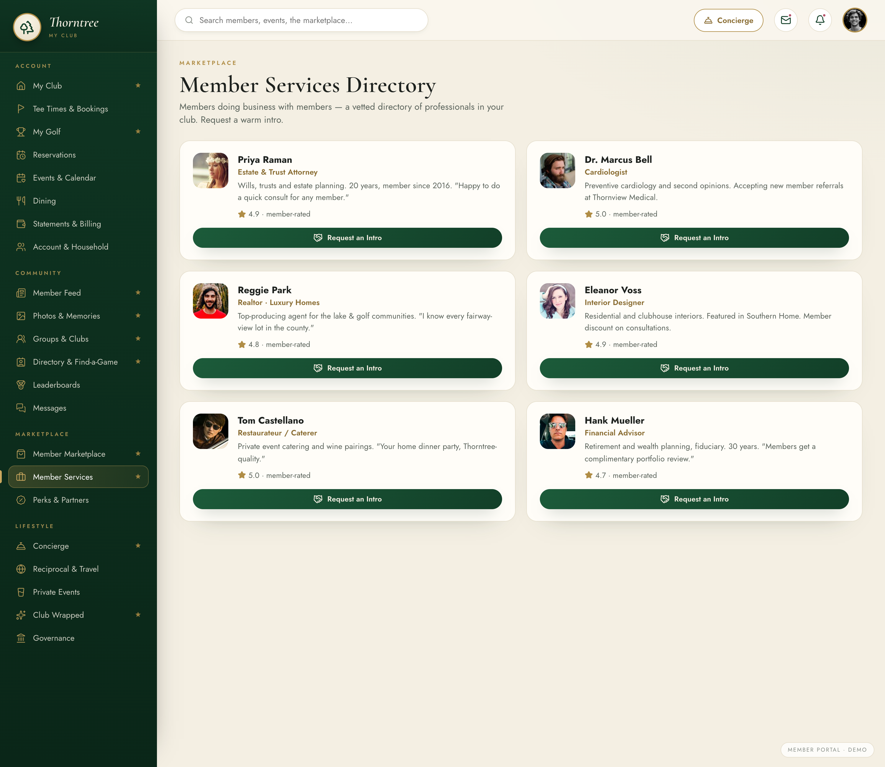 Member Services Directory — members doing business with members, a vetted directory of professionals in the club